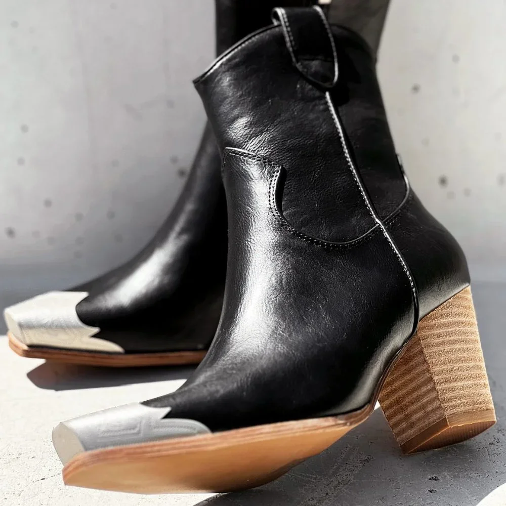 NEW Black PU Leather Metal Cap Toe Block Heel Cowgirl Cowboy Western Ankle Boots - Picture 7 of 14